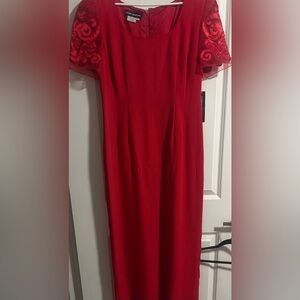 Donna Morgan Red Midi Dress with Embroidered Sleeves